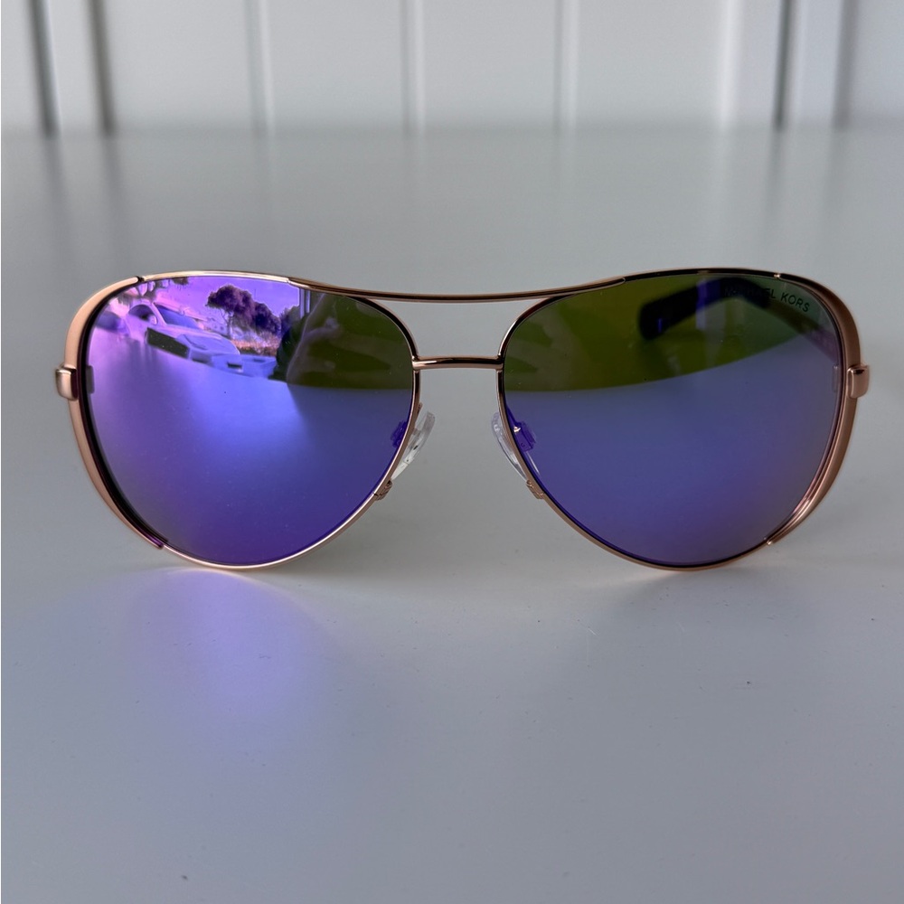 Michael Kors Rose Gold Aviator Sunglasses with Purple Mirrored Lenses